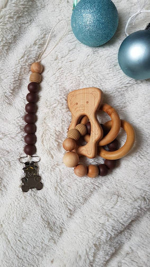 Wooden brown bear rattle + Bear pacifier clip bundle = Great gift for a babyshower!