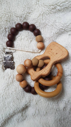 Wooden brown bear rattle + Bear pacifier clip bundle = Great gift for a babyshower!